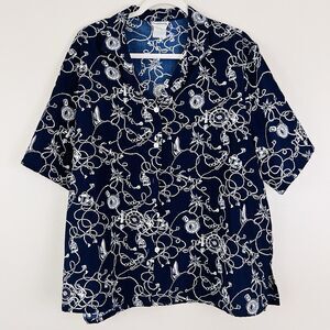 Vintage Bon Worth Navy Blue Nautical Button Down Hawaiian Shirt Resort Mens XL